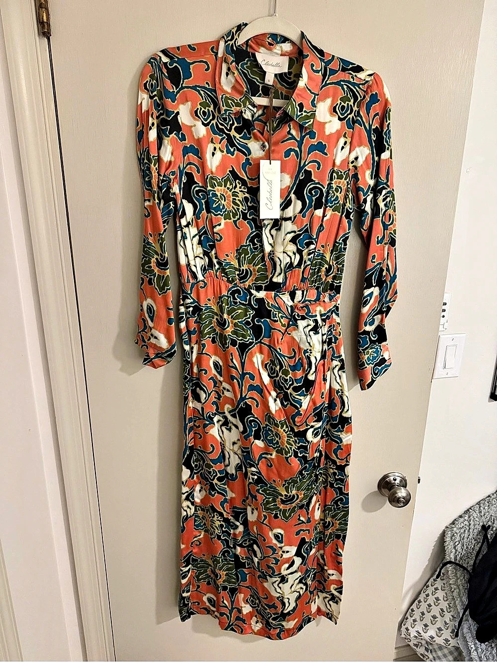 Cleobella Edna Midi Dress Abstract Maxi Dress in Orange & Blue Size Small NWT
